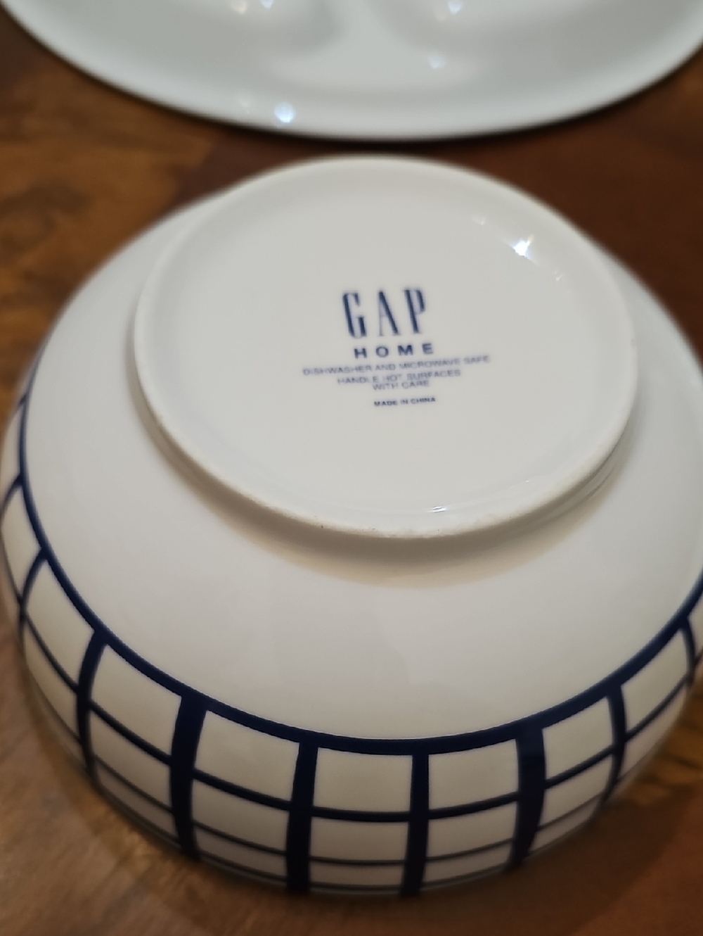 GAP Home White Ceramic Bowl with Navy Grid